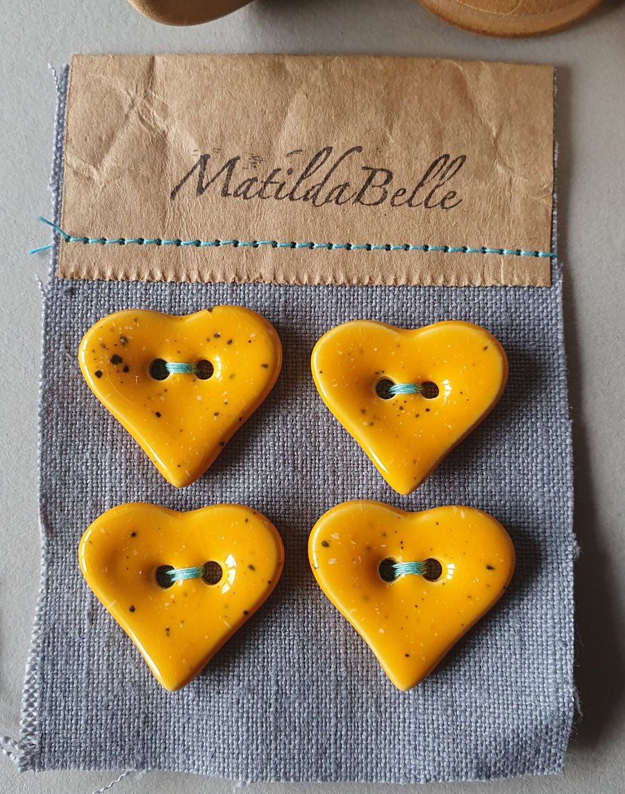 Set of Four Handmade Ceramic Yolky Heart Buttons