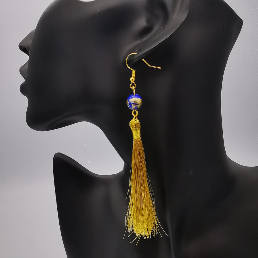  Tasteful Tassel Blue and Gold Earrings. Handcrafted.