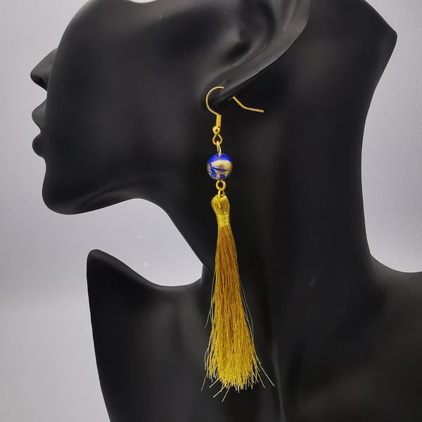  Tasteful Tassel Blue and Gold Earrings. Handcrafted.