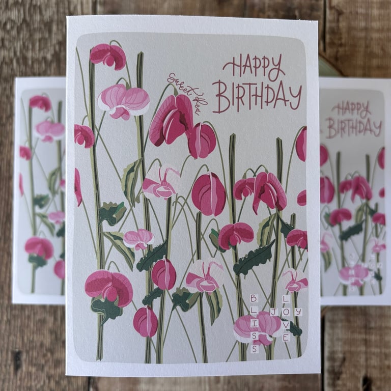 April Birth Flower Card, Sweet Pea, Birthday Card, Floral Greeting Cards