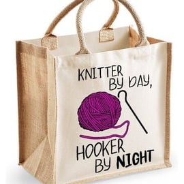 Knitter By Day Hooker By Night Midi Jute Shopper Canvas Lunch Bag Funny Wool