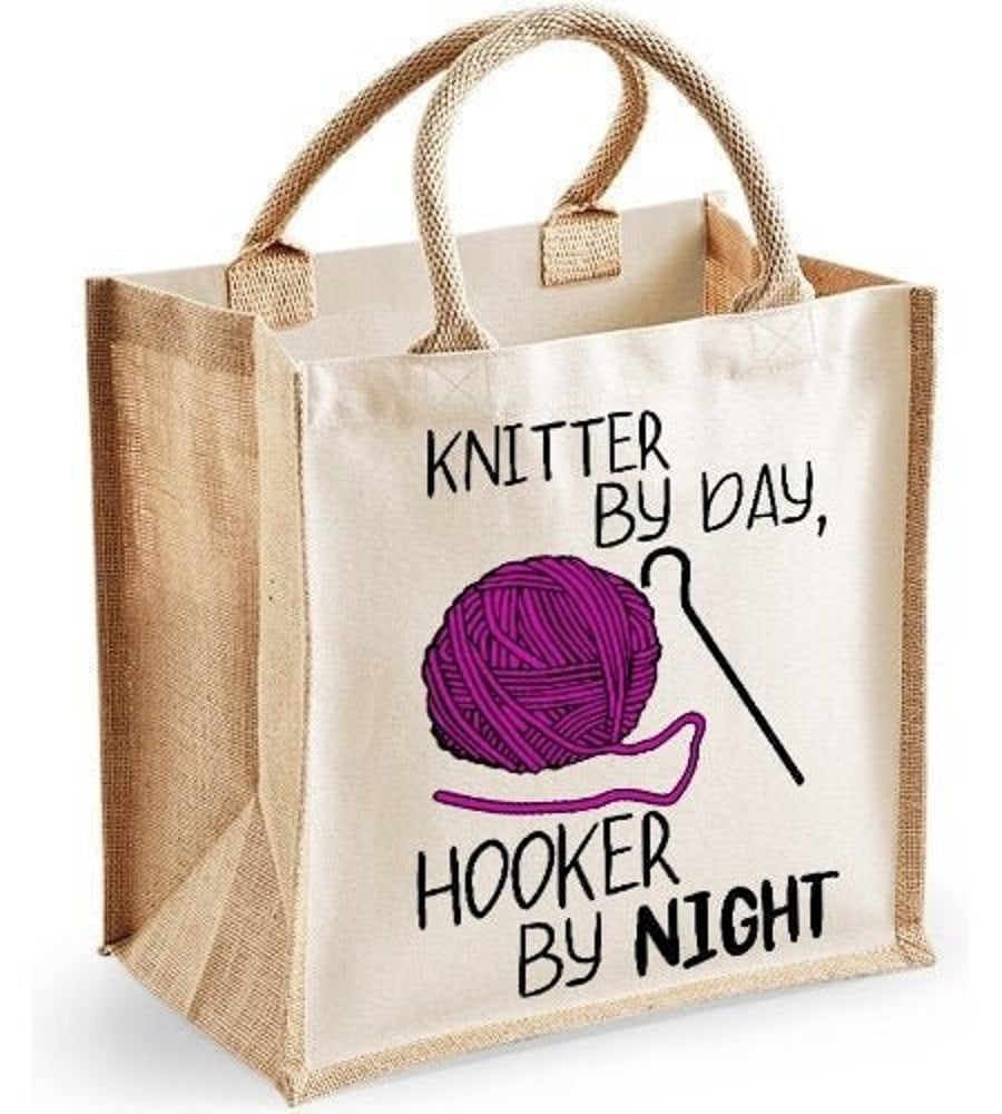 Knitter By Day Hooker By Night Midi Jute Shopper Canvas Lunch Bag Funny Wool