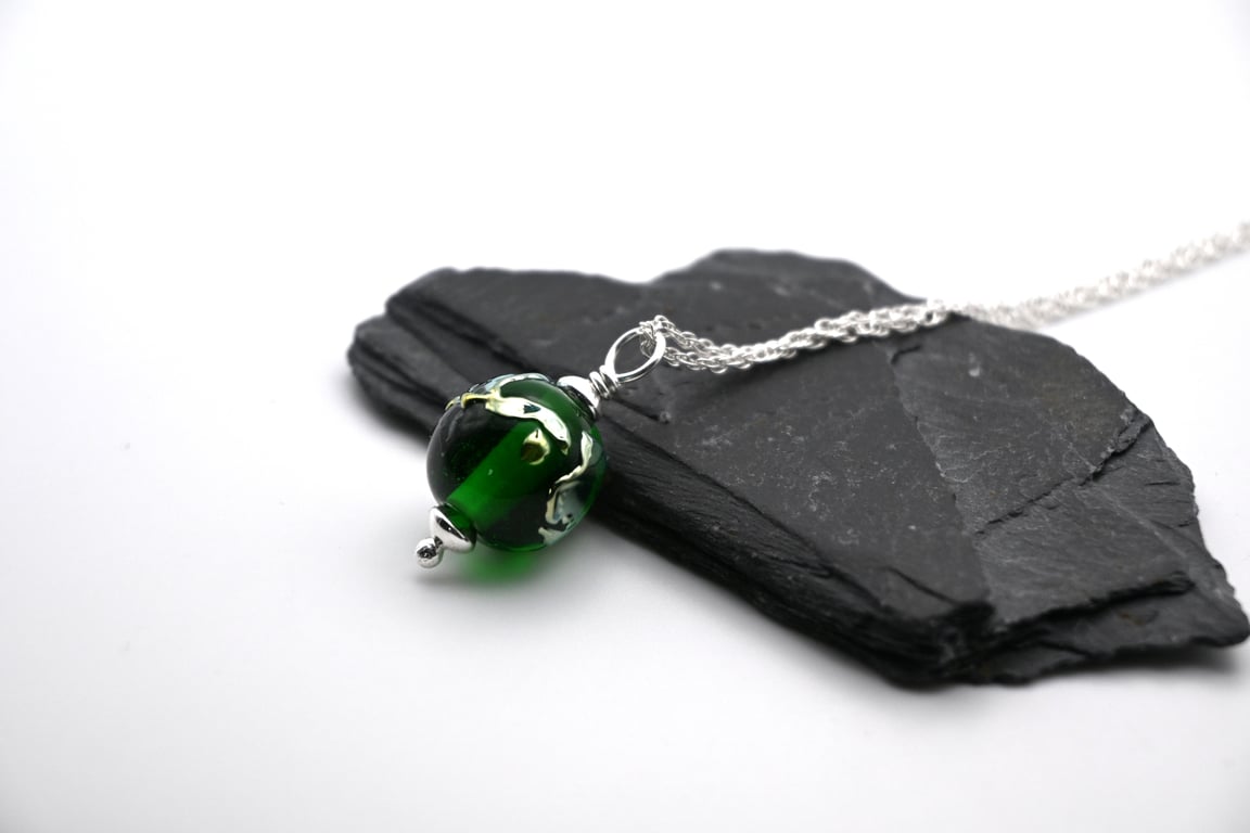 lampwork glass green and silver sphere pendant necklace