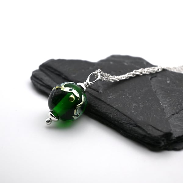 lampwork glass green and silver sphere pendant necklace