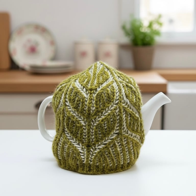 Green & White Knitted tea cosy, 100% British Wool