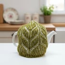 Green & White Knitted tea cosy, 100% British Wool