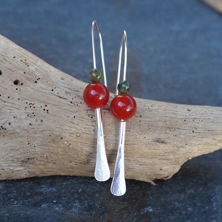 Carnelian and Forged Silver Drop Earrings, Dangly Silver Earrings