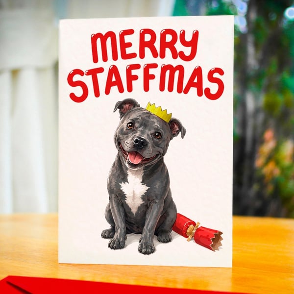 Staffy Christmas Card – Merry Staffmas – Staffordshire Bull Terrier