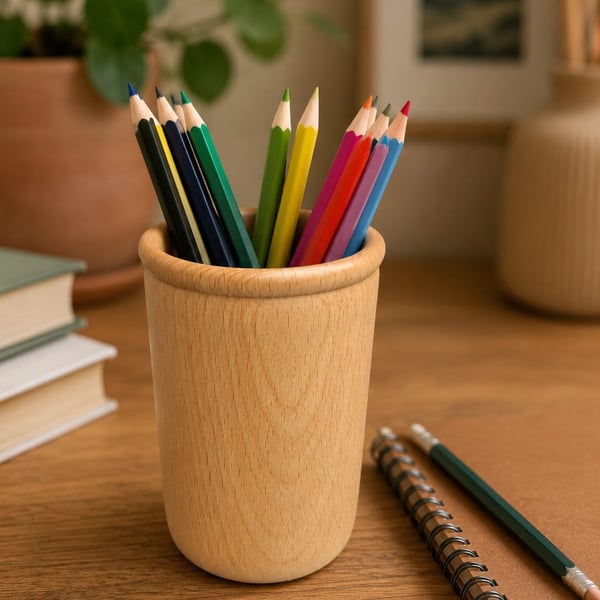Handturned Beech Pencil Pot.  Handmade desk organiser