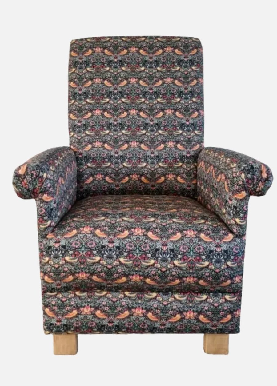 William Morris Strawberry Thief Fabric Armchair Accent Adult Chair Navy Blue 