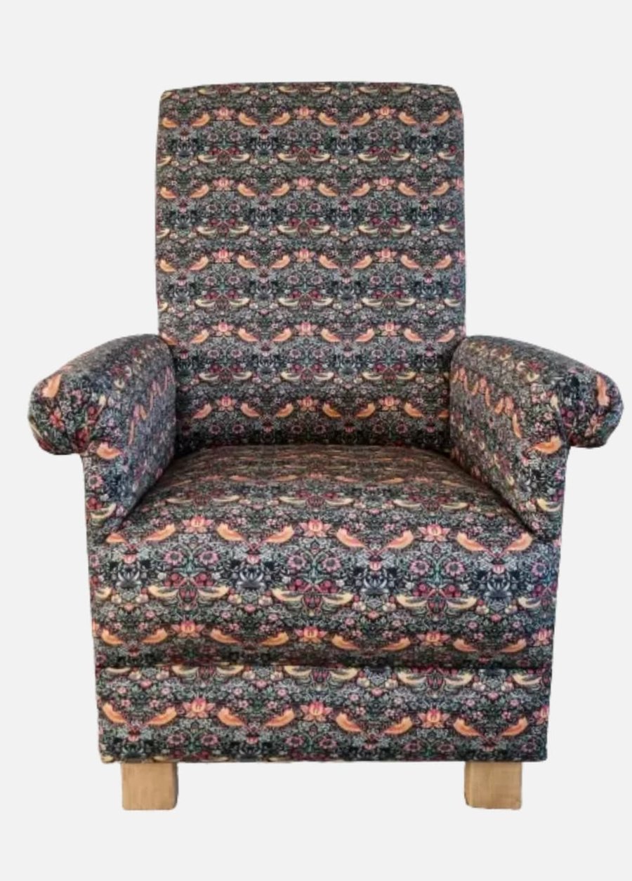 William Morris Strawberry Thief Fabric Armchair Accent Adult Chair Navy Blue