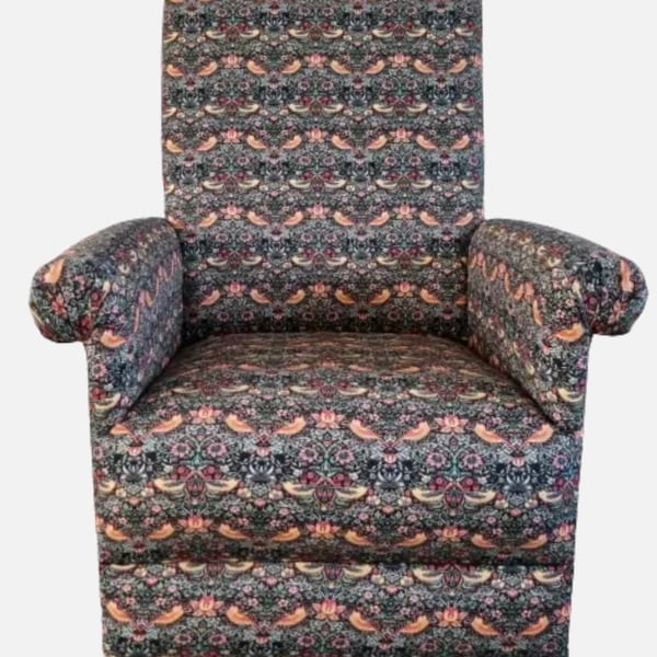 William Morris Strawberry Thief Fabric Armchair Accent Adult Chair Navy Blue 