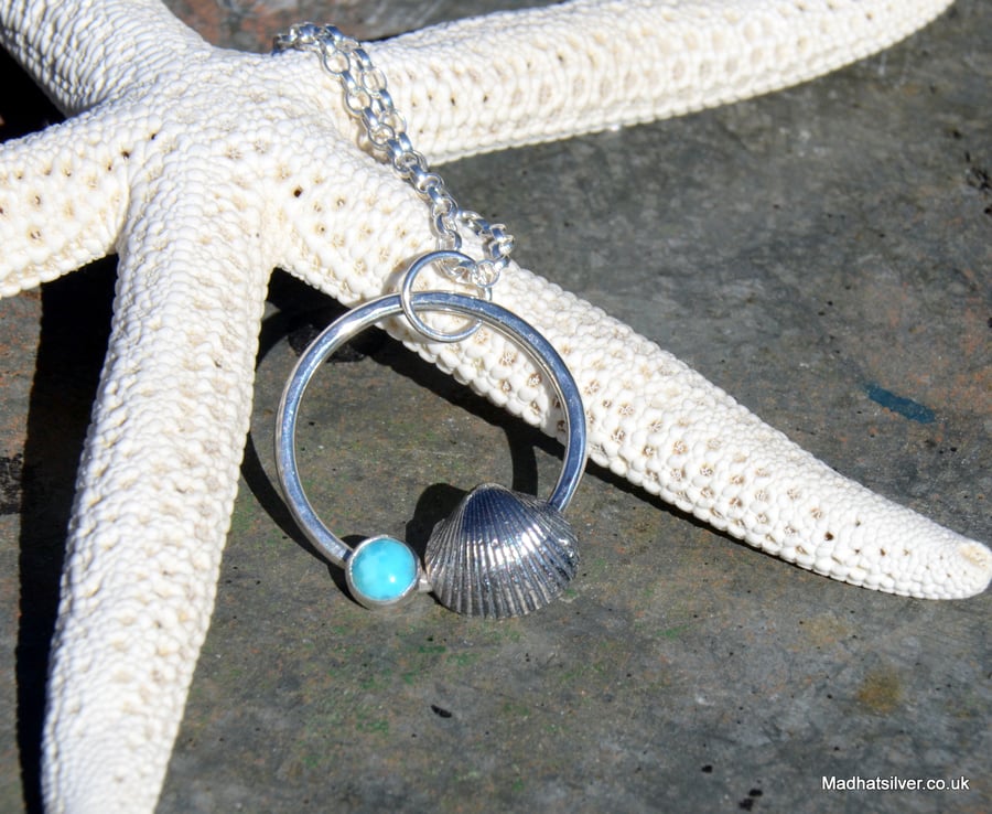 Silver seashell and turquoise beach pendant
