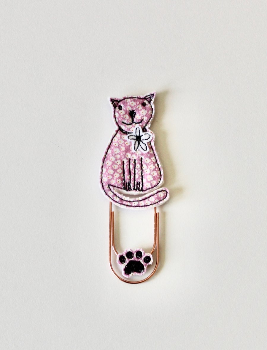 'Pink Floral Cat' - Handmade Bookmark