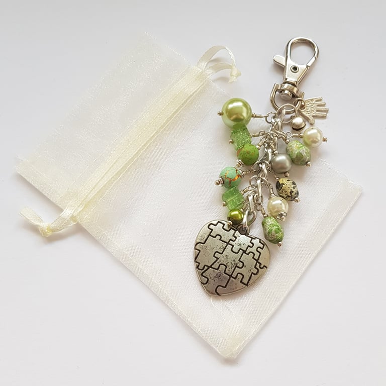 Green Beaded Bag Charm with Puzzle Heart - Handbag Clip