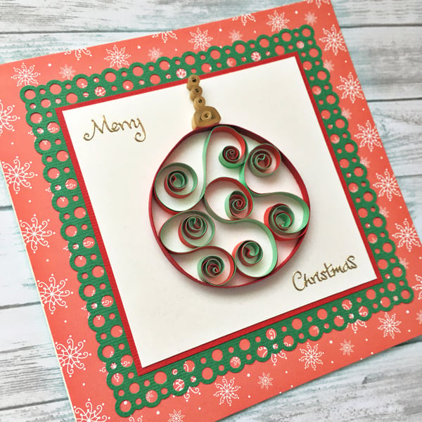 Christmas card - quilled red and green bauble