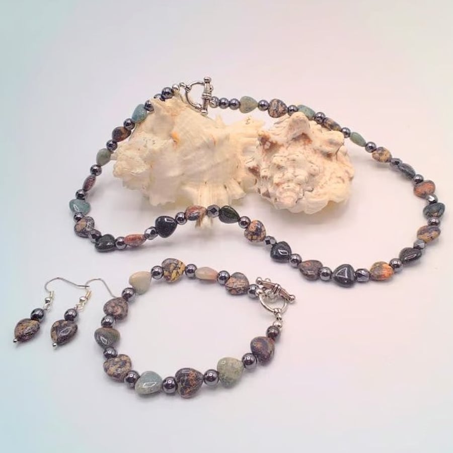 Jasper Hearts & Charcoal Haematite Bead Necklace Bracelet and Earrings, Gift Set