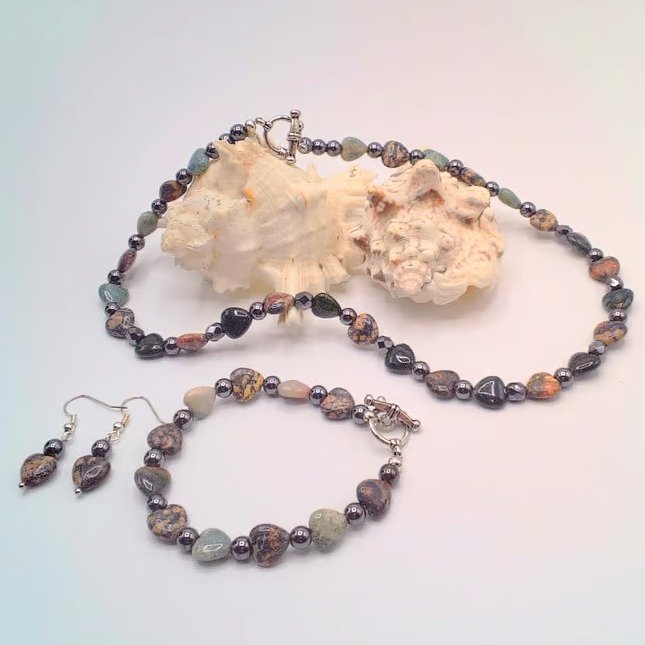 Jasper Hearts & Charcoal Haematite Bead Necklace Bracelet and Earrings, Gift Set