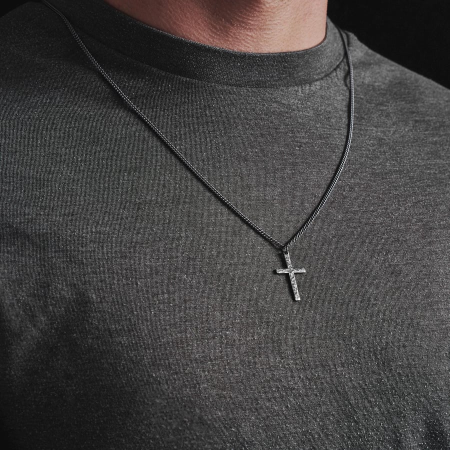 Handmade oxidised or polished standard size hammered silver cross and curb chain