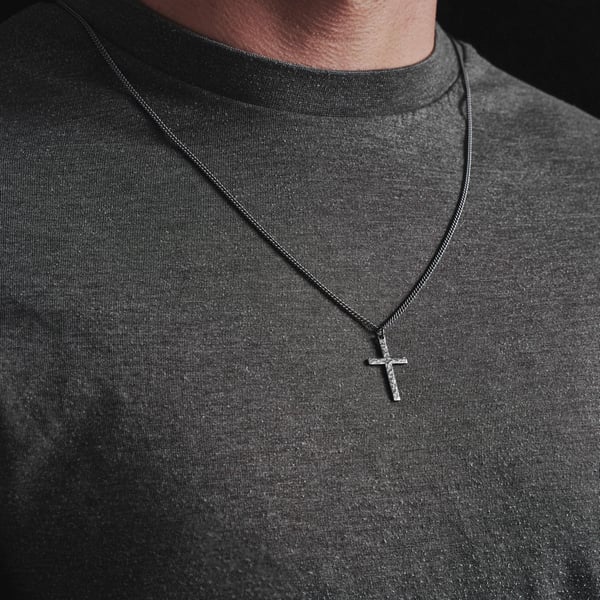 Handmade oxidised or polished standard size hammered silver cross and curb chain