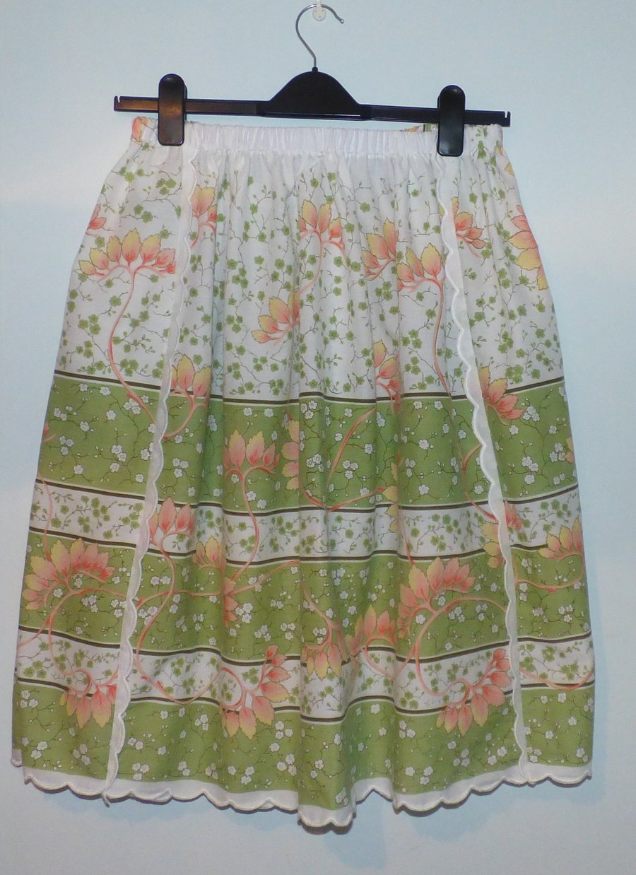 Green floral skirt elasticated waist pockets upcycled orange white