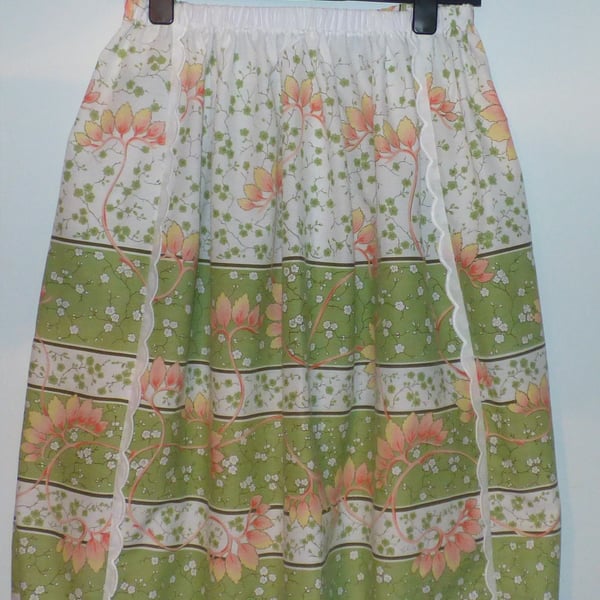 Green floral skirt elasticated waist pockets upcycled orange white