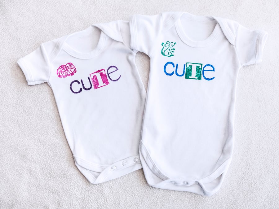 Hand printed 'Cute' babygro sleepsuit romper babygrow onesie Indian wood block