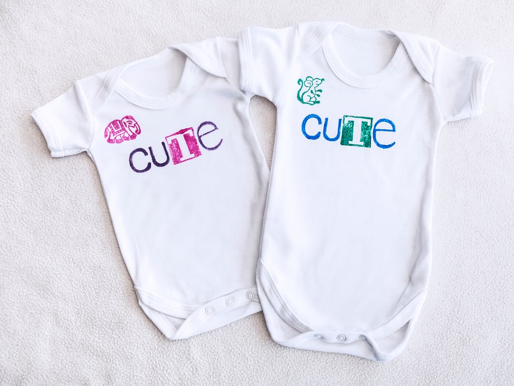 Hand printed 'Cute' babygro sleepsuit romper babygrow onesie Indian wood block