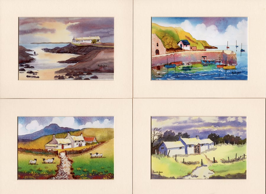 Set of 4 Watercolour Prints in 8 x 6 '' Mounts, Scenes of Pembrokeshire.