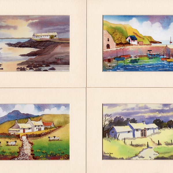 Set of 4 Watercolour Prints in 8 x 6 '' Mounts, Scenes of Pembrokeshire.