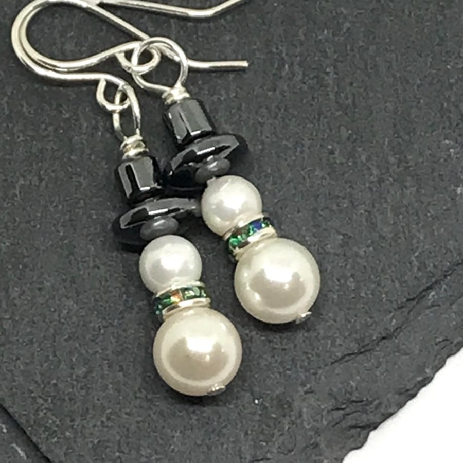 Snowman Earrings with Shell Pearls and Hematite 