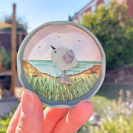 Handmade Seagull Fridge Magnet, Mini Sea Glass Watercolour Sustainable Art