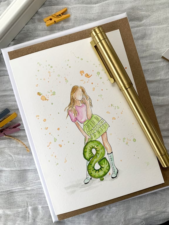 8th Birthday Card - Birthday Girl - Original painting