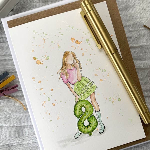 8th Birthday Card - Birthday Girl - Original painting
