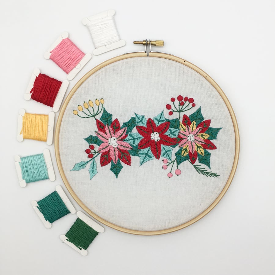 Christmas Embroidery Kit - Floral Embroidery Kit, Poinsettia Hand Embroidery
