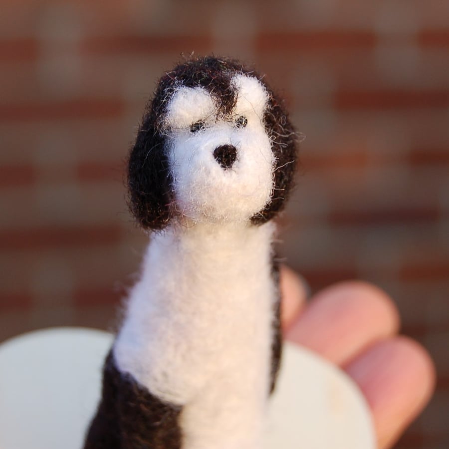 Dog, Needle felt white and black dog, 10 cm tall, wool dog -
