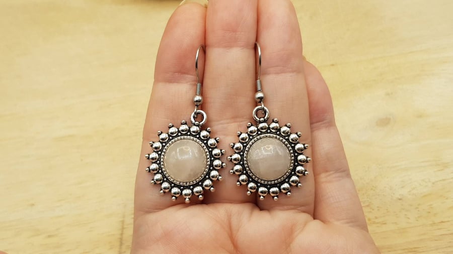 Boho round Rose Quartz Earrings. 5th anniversary gemstone. January birthstone