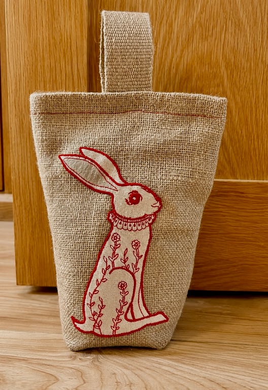 Handmade Jute Door Stop Hare Appliqué, Rustic Doorstop with Handle