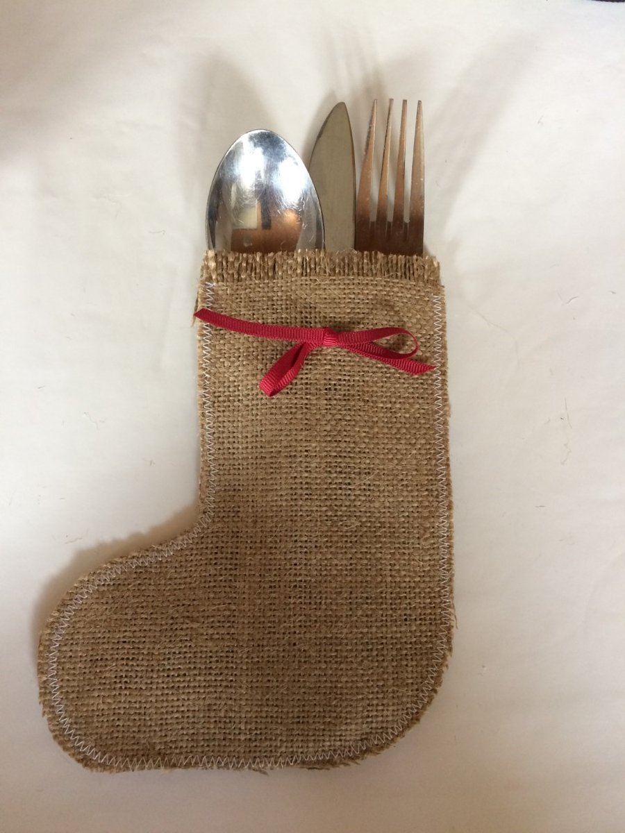 CHRISTMAS STOCKING HESSIAN CUTLERY HOLDERS PK OF 4 