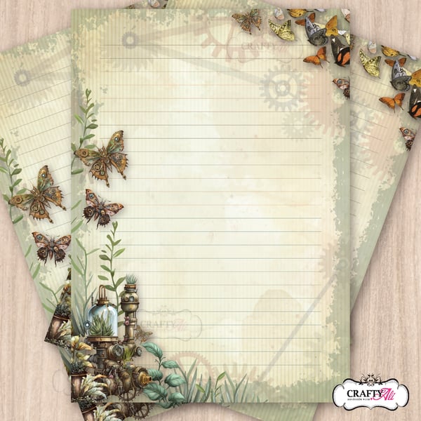 Letter Writing Paper with a Steampunk Butterflies theme
