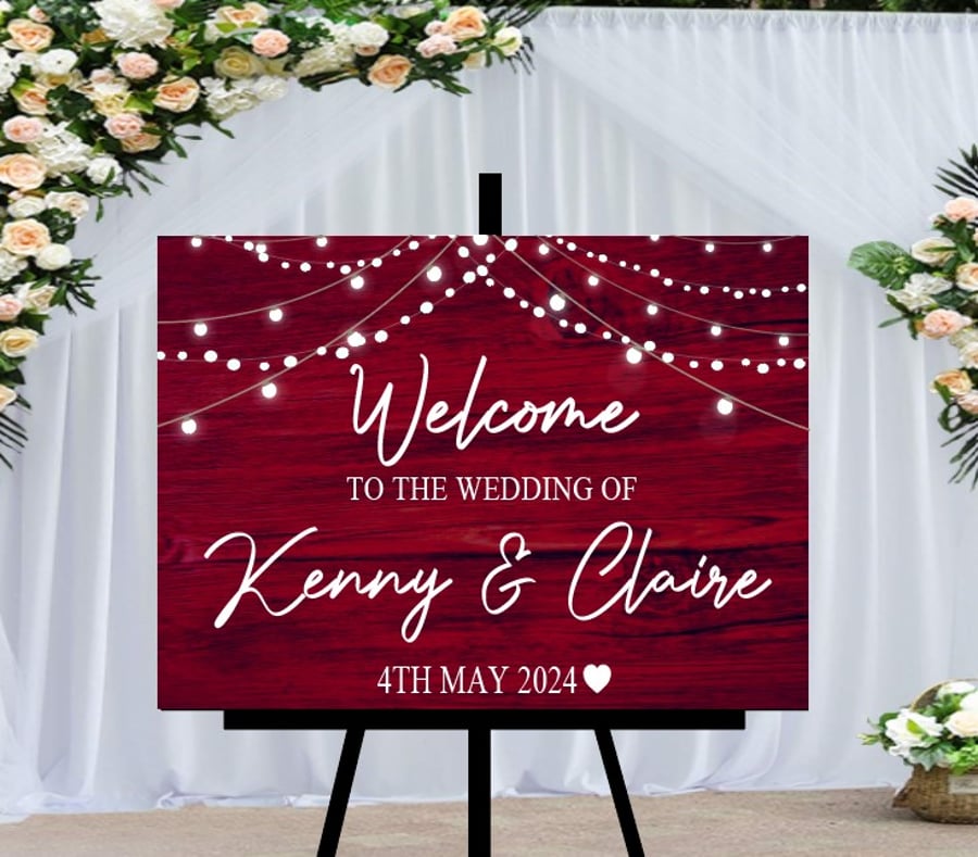 Personalised Rustic Wedding Sign - Dark Red Wood - Printed Lights