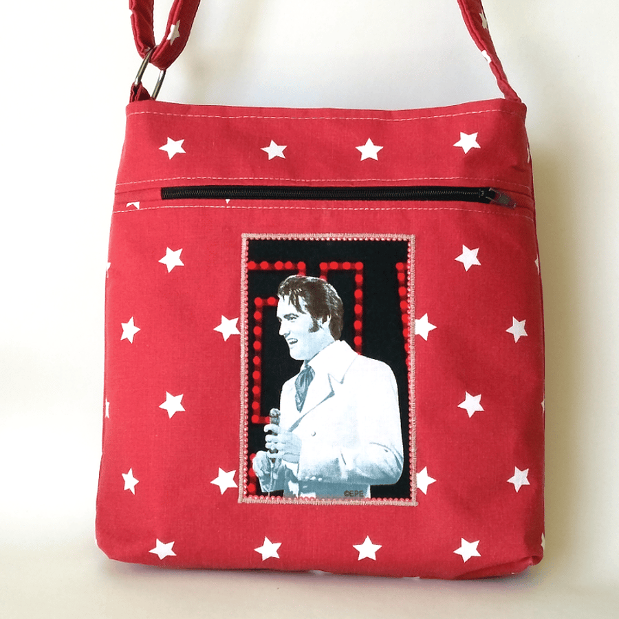 Small, Red, Crossbody Bag with Elvis Image and White Stars