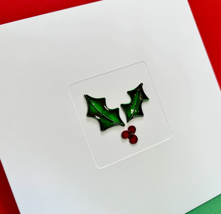 Wire Holly Christmas Card - Handmade - Paper Greeting Card - Holiday Card