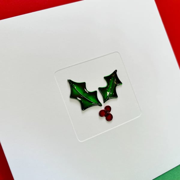 Wire Holly Christmas Card - Handmade - Paper Greeting Card - Holiday Card