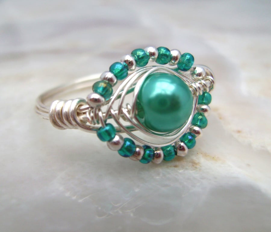 Wire Wrapped Ring with Blue Glass Pearl Bead