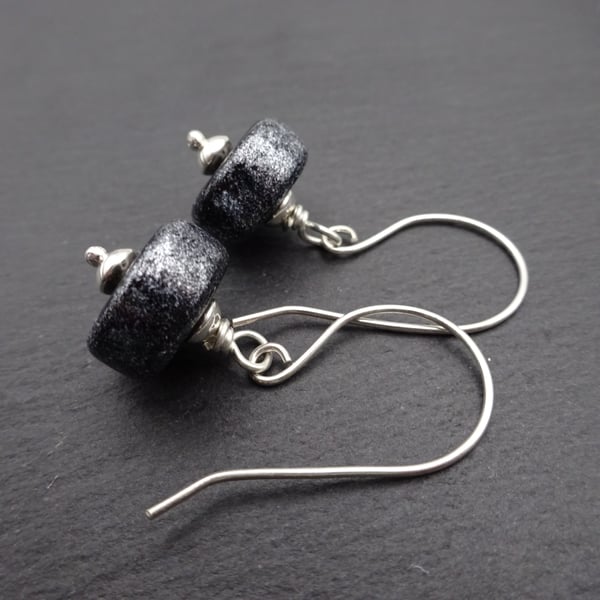 black glitter lampwork glass earrings, sterling silver jewellery