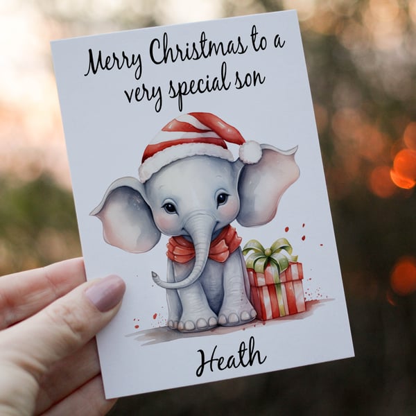 Elephant Christmas Card, Son Christmas Card, Personalized Card for Christmas