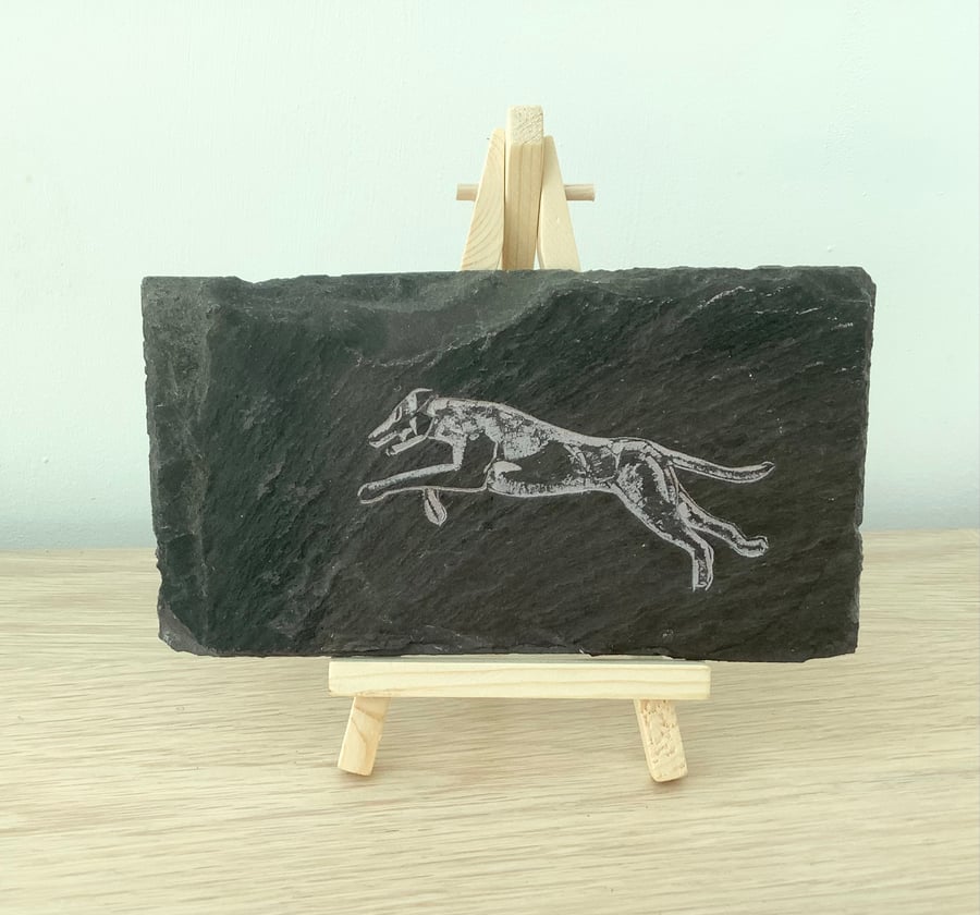 Running Whippet Dog - original art picture hand carved on slate