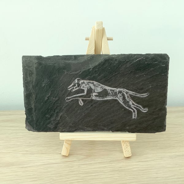 Running Whippet Dog - original art picture hand carved on slate