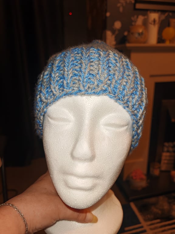 Beautiful mens blue and grey beanie hat